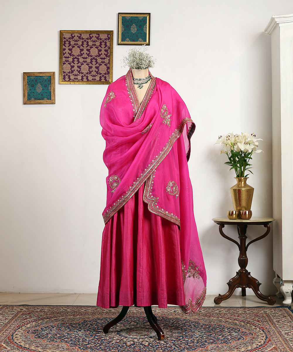 Hot_Pink_Handloom_Organza_Dupatta_With_Zardozi_Embroidery_WeaverStory_01