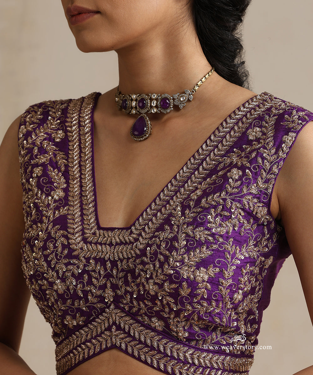 Purple_Raw_Silk_Sleeveless_Leaf_Border_Blouse_WeaverStory_03
