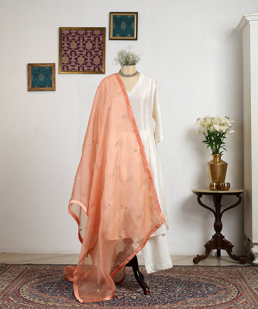 Light_Peach_Handloom_Organza_Dupatta_With_Hand_Embroidered_Booti_WeaverStory_01