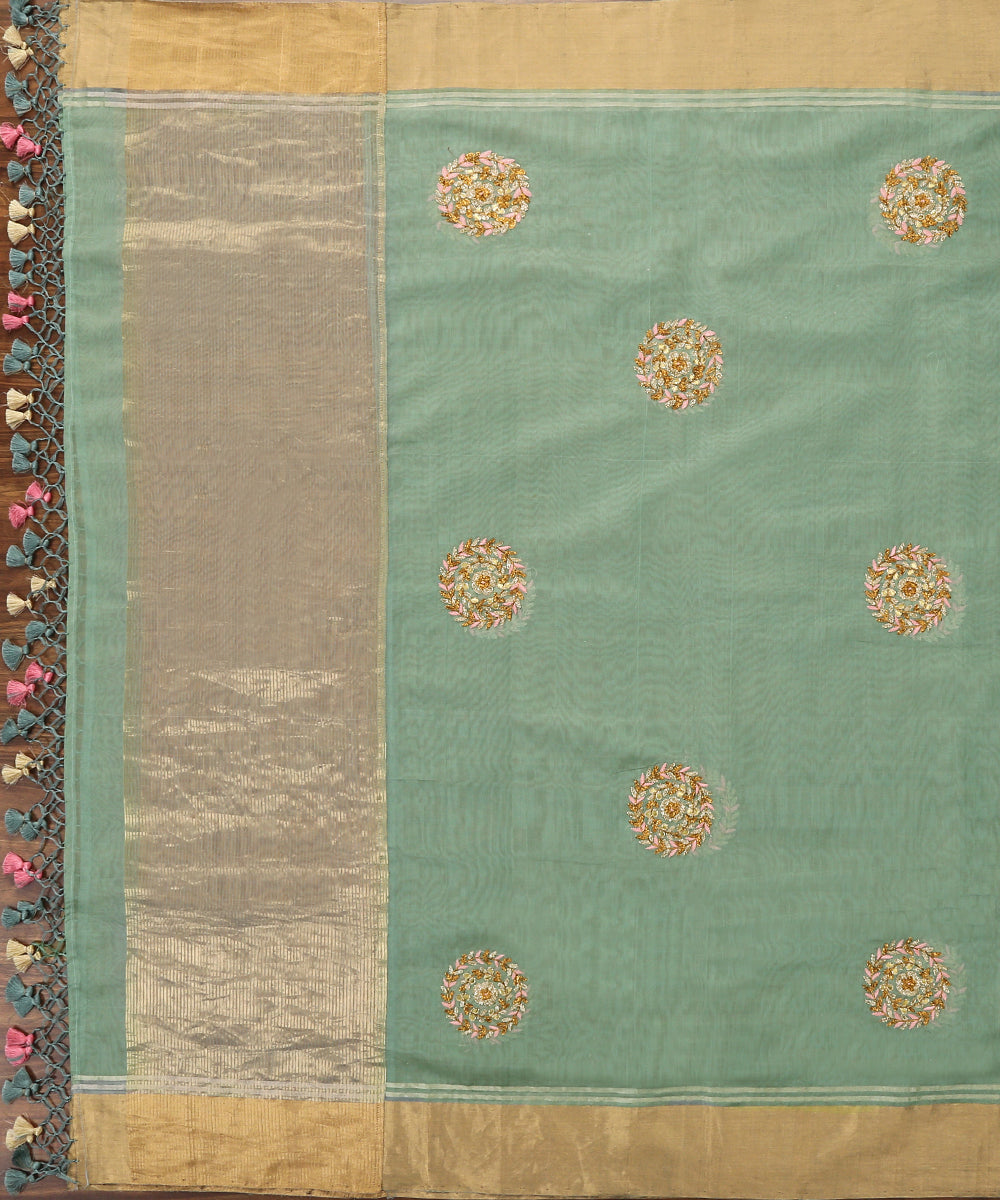 Aqua Blue Hand Embroidered Zardozi Chanderi Silk Dupatta With Gold Zari Border