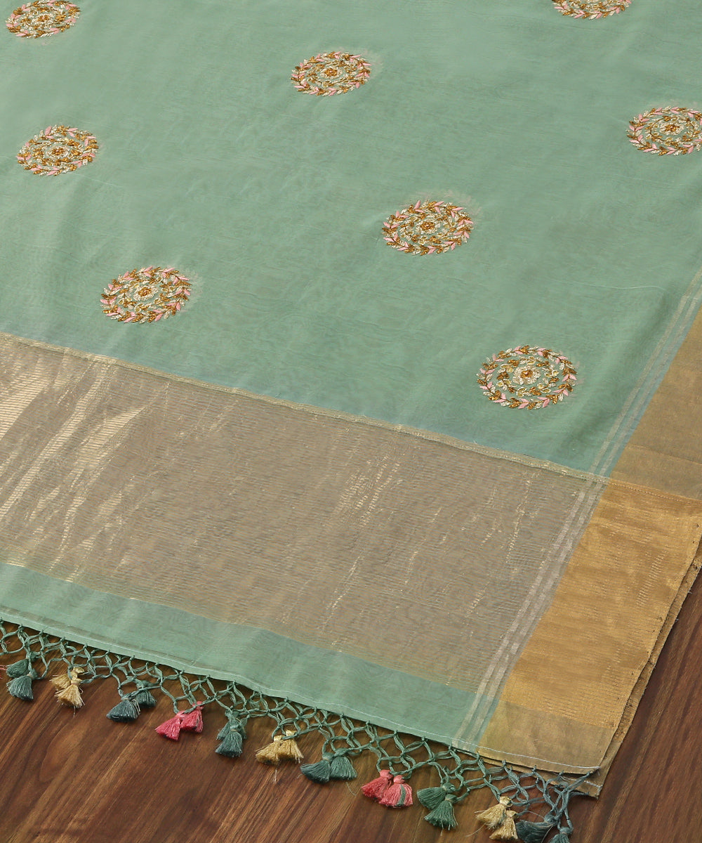 Aqua Blue Hand Embroidered Zardozi Chanderi Silk Dupatta With Gold Zari Border