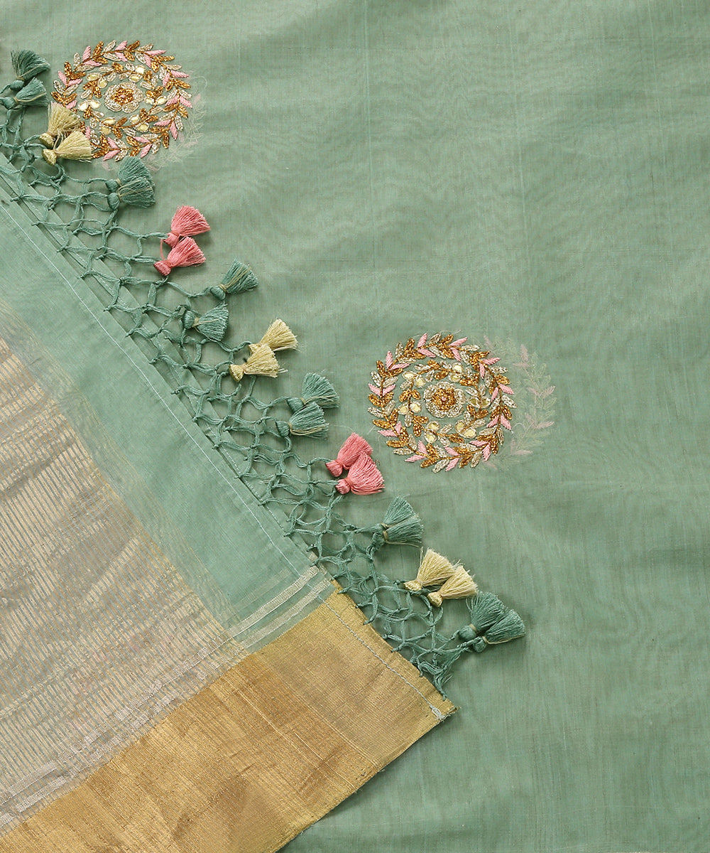 Aqua Blue Hand Embroidered Zardozi Chanderi Silk Dupatta With Gold Zari Border
