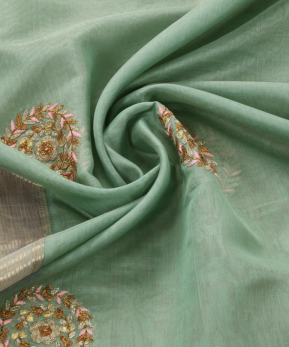 Aqua Blue Hand Embroidered Zardozi Chanderi Silk Dupatta With Gold Zari Border