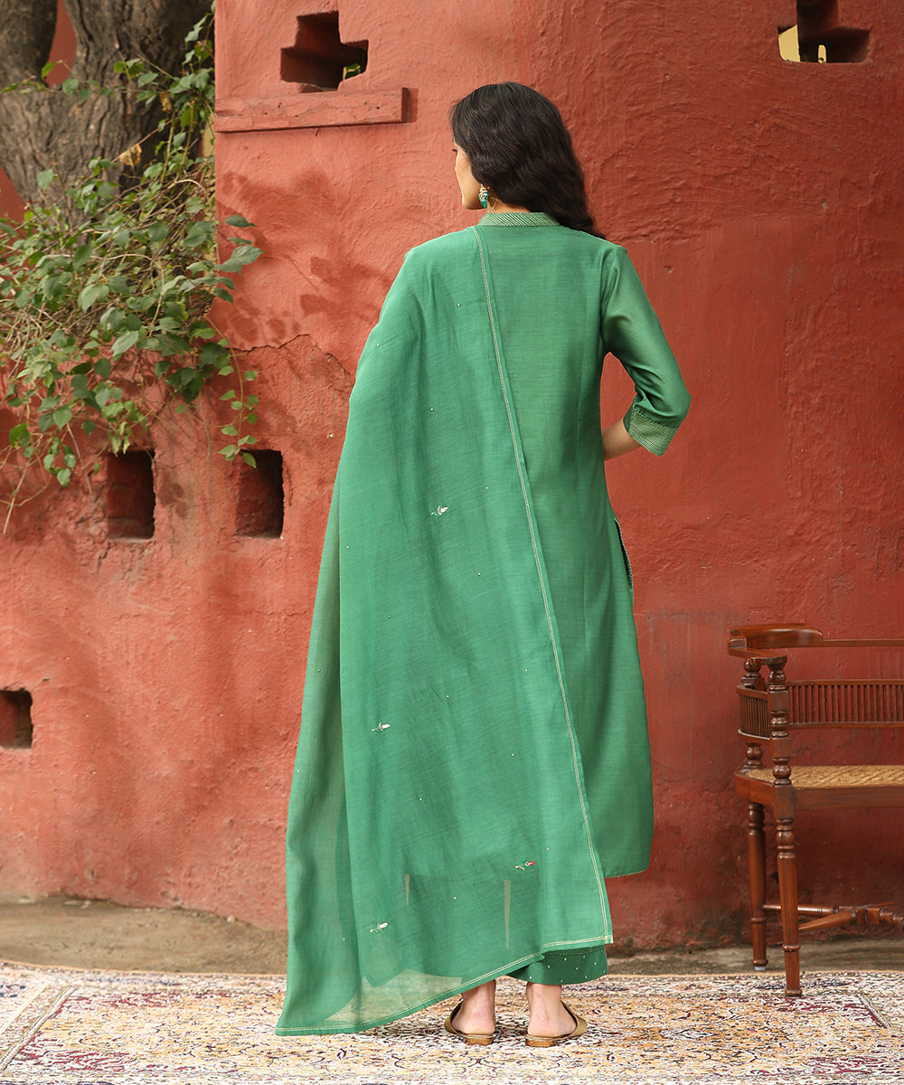 Sage Green Embroidered Pure Chanderi Silk Kurta With Pants And Dupatta Ready To Wear Ensembles