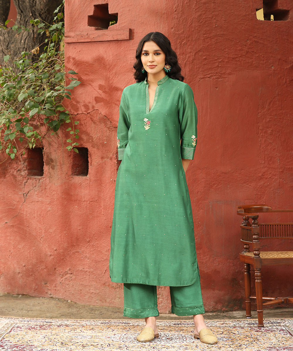 Sage Green Embroidered Pure Chanderi Silk Kurta With Pants And Dupatta Ready To Wear Ensembles