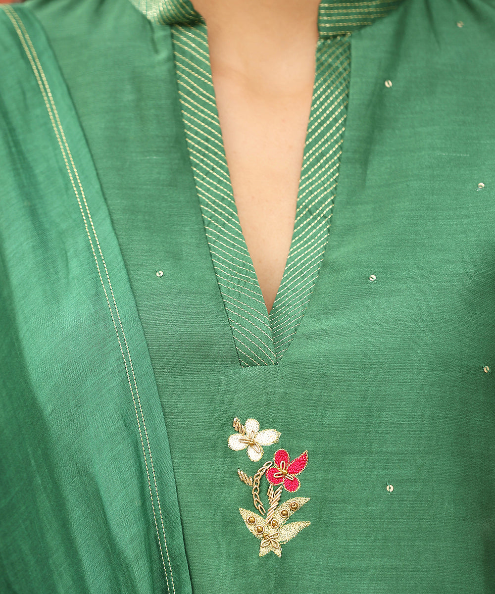 Sage Green Embroidered Pure Chanderi Silk Kurta With Pants And Dupatta Ready To Wear Ensembles
