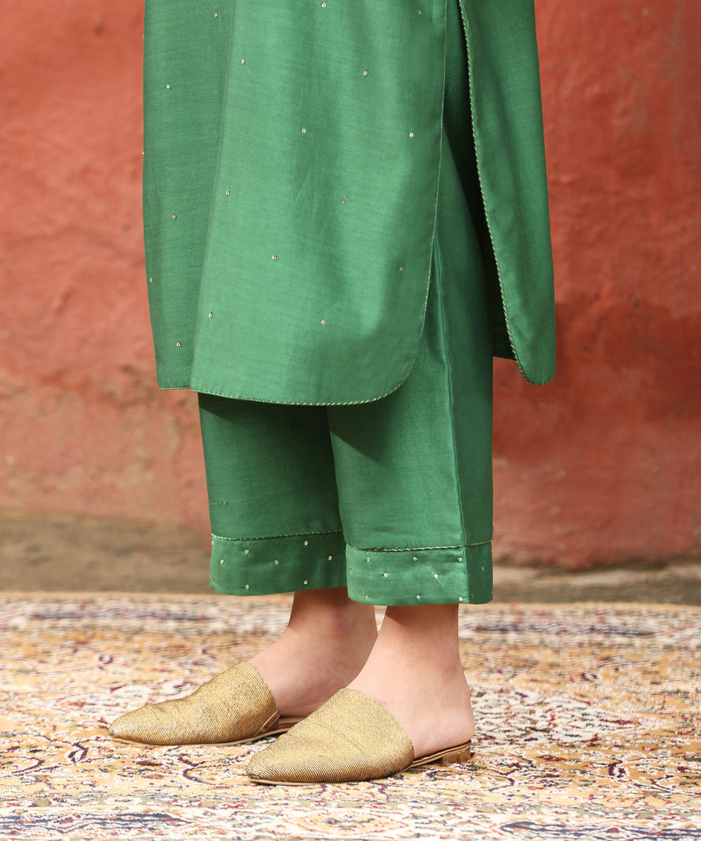 Sage Green Embroidered Pure Chanderi Silk Kurta With Pants And Dupatta Ready To Wear Ensembles