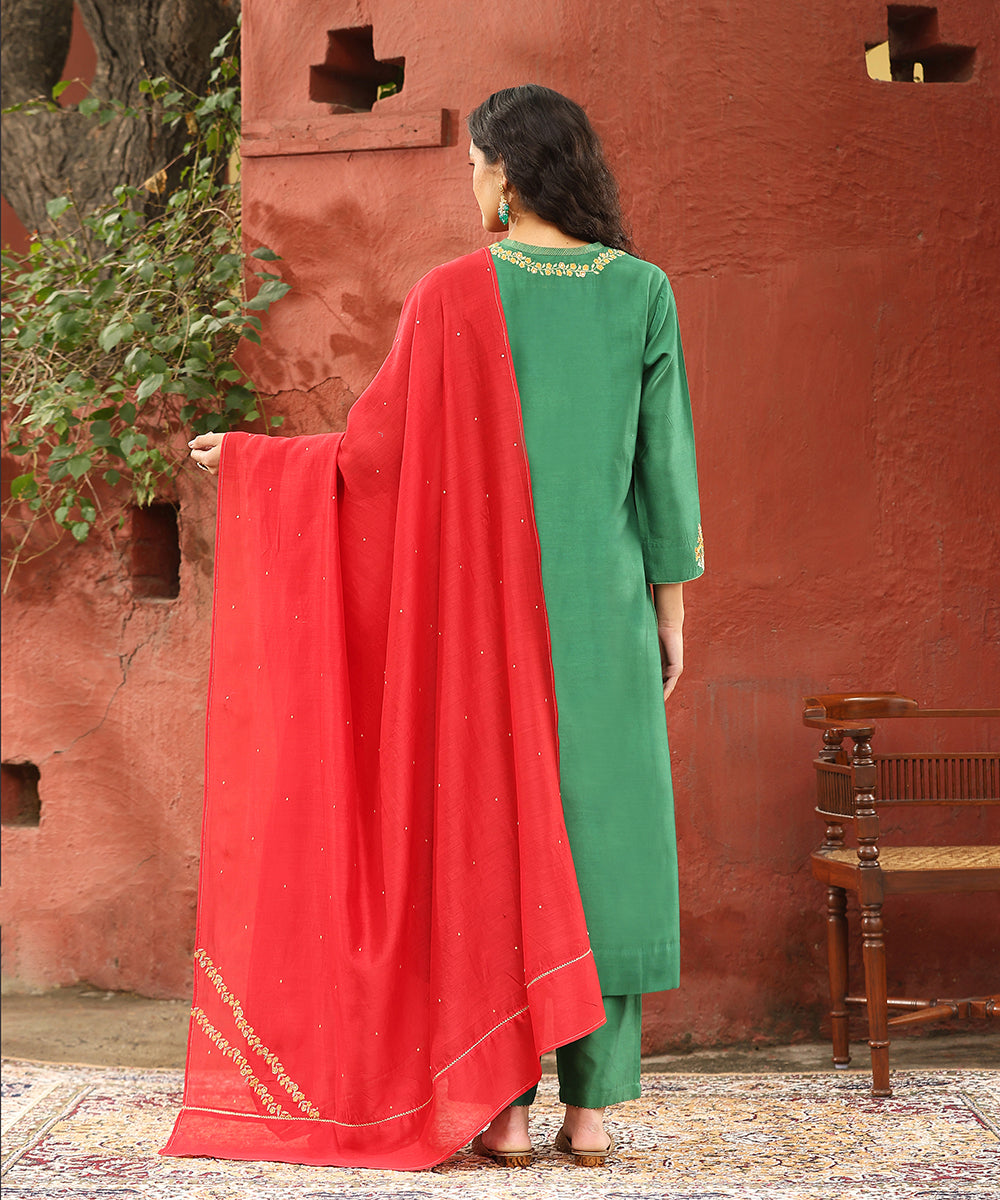 Sage Green Embroidered Pure Chanderi Silk Kurta With Pants And Plum Red Dupatta Ready To Wear