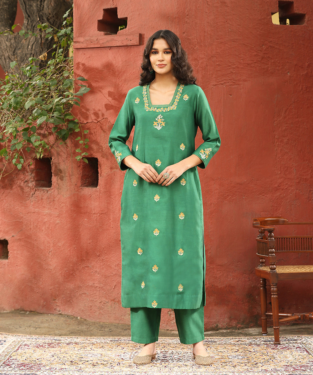 Sage Green Embroidered Pure Chanderi Silk Kurta With Pants And Plum Red Dupatta Ready To Wear