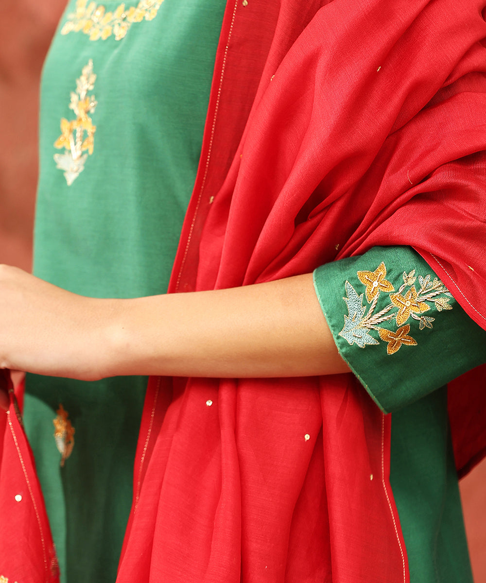 Sage Green Embroidered Pure Chanderi Silk Kurta With Pants And Plum Red Dupatta Ready To Wear