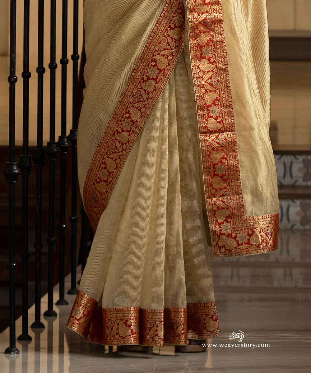 Beige and Gold Striped Handwoven Cotton Tissue Saree with Pure Katan Silk Border and Paisleys