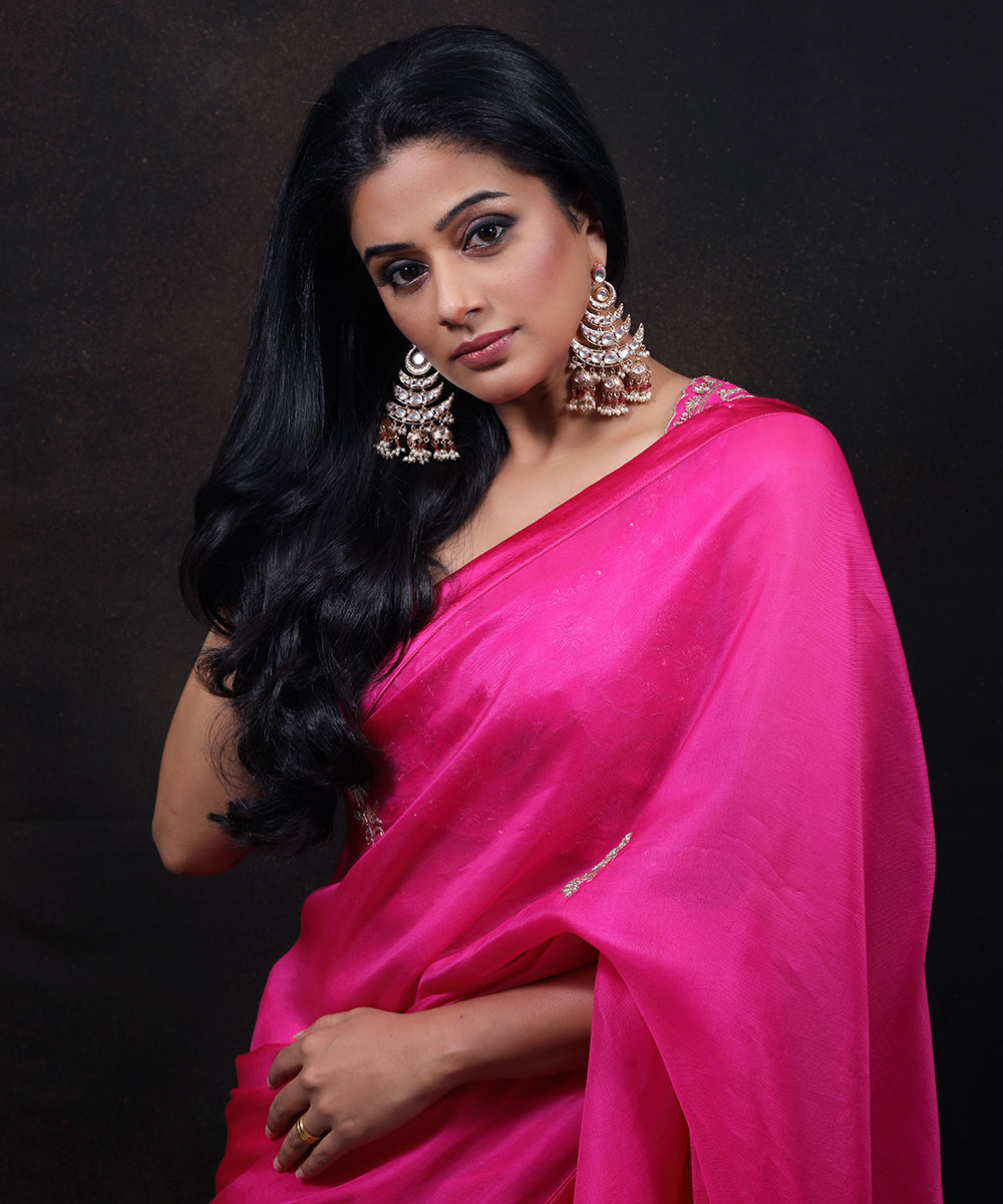 Priyamani In Hot Pink Handloom Embroidered Organza Saree