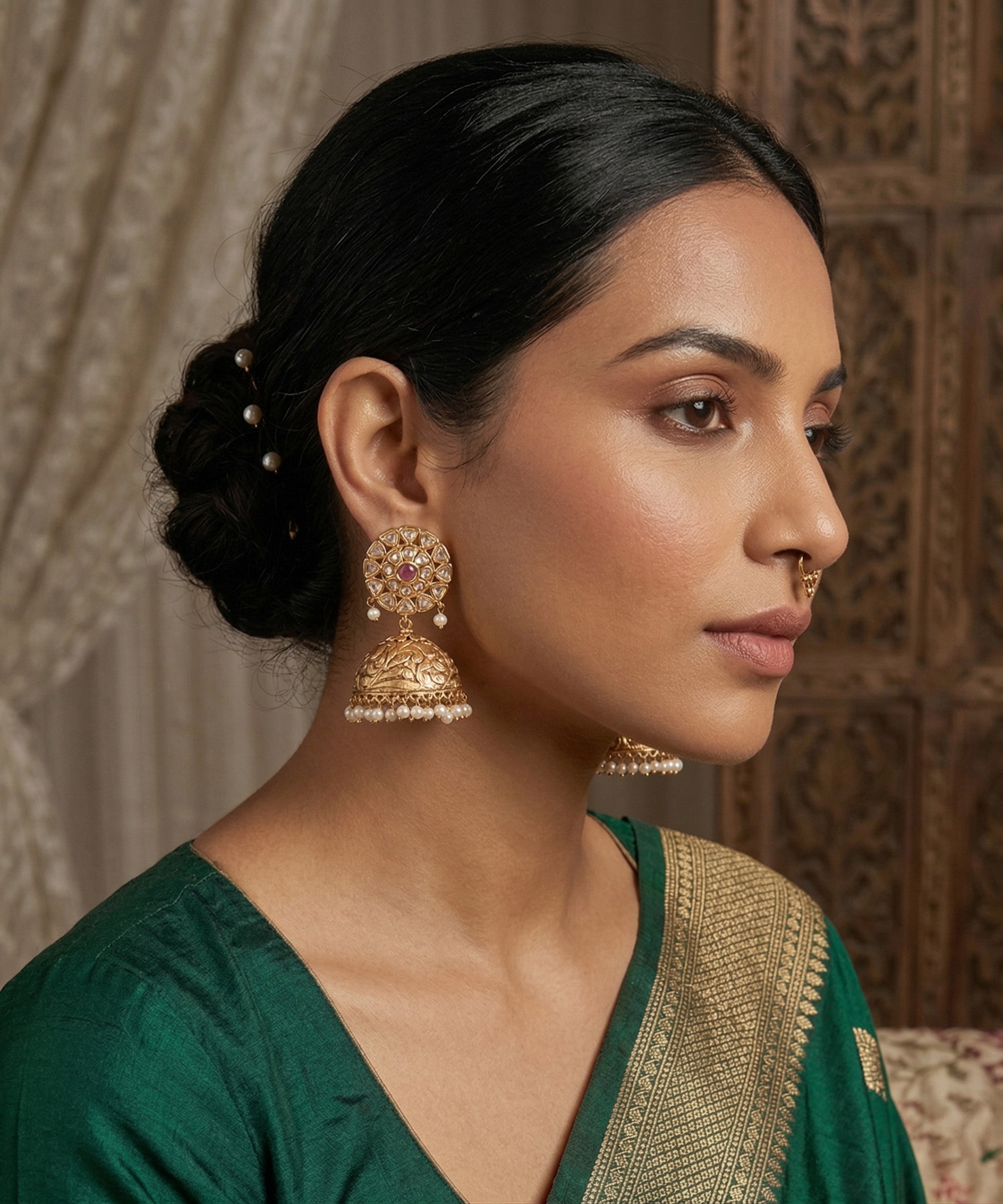 Gulnaar Handcrafted Gold Plated Jhumki Earrings With Pearls And Semi Precious Stones