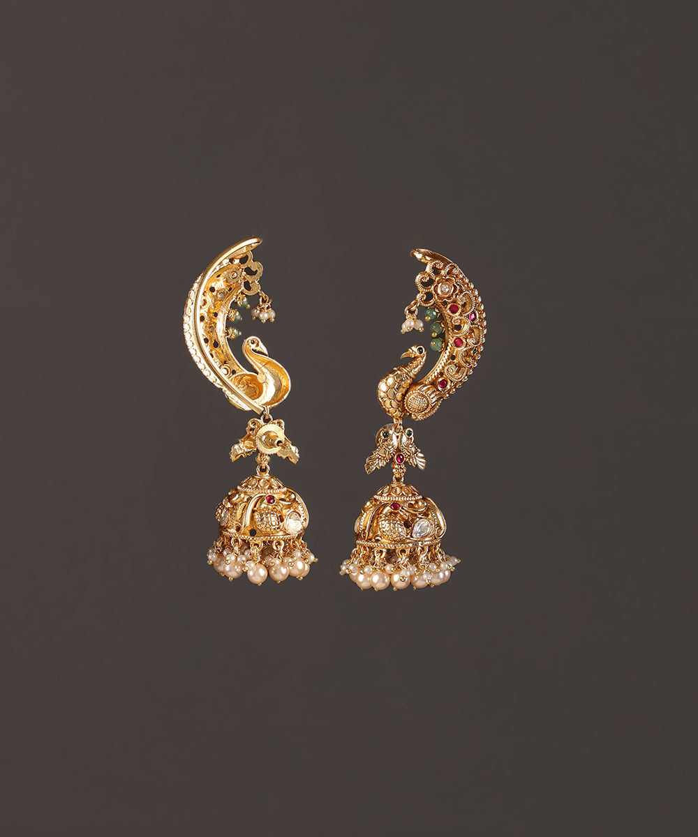 Sana_Handcrafted_Alloy_Gold_Plated_Jhumki_Earrings_With_Peacock_Motifs_And_Semi_Precious_Stones_And_Pearls_WeaverStory_03