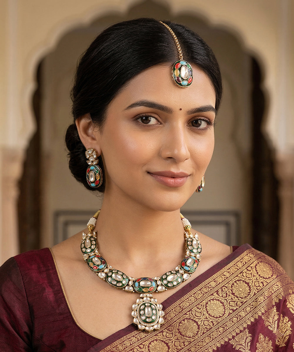Parvin Handcrafted Gold Plated Alloy Necklace Set With Colourful Semi Pecious Stones And Maangtika