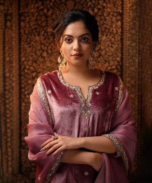 Ahaana Krishna In Hand Embroidered Plum Velvet Kurta Set