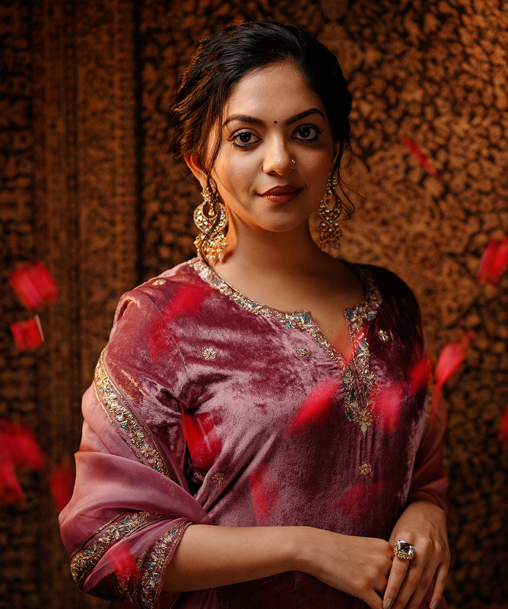 Ahaana Krishna In Hand Embroidered Plum Velvet Kurta Set Ready To Wear Silk Ensembles