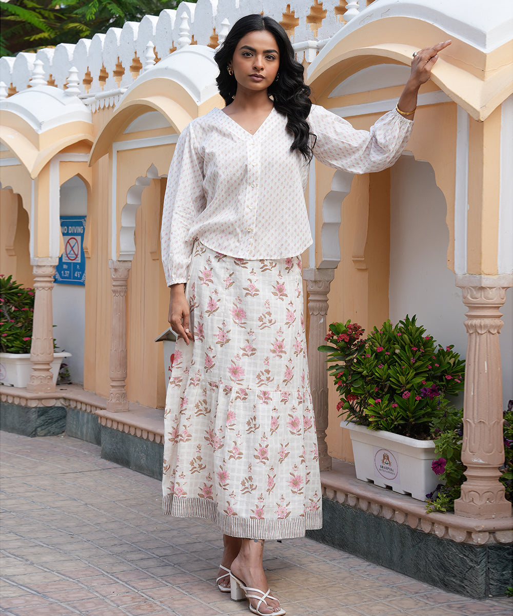 White Block Printed Top with White Skirt