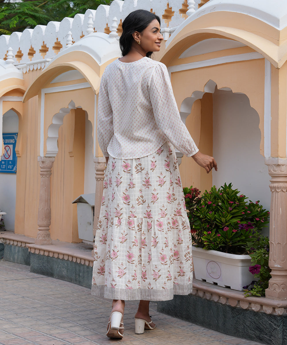White Block Printed Top with White Skirt