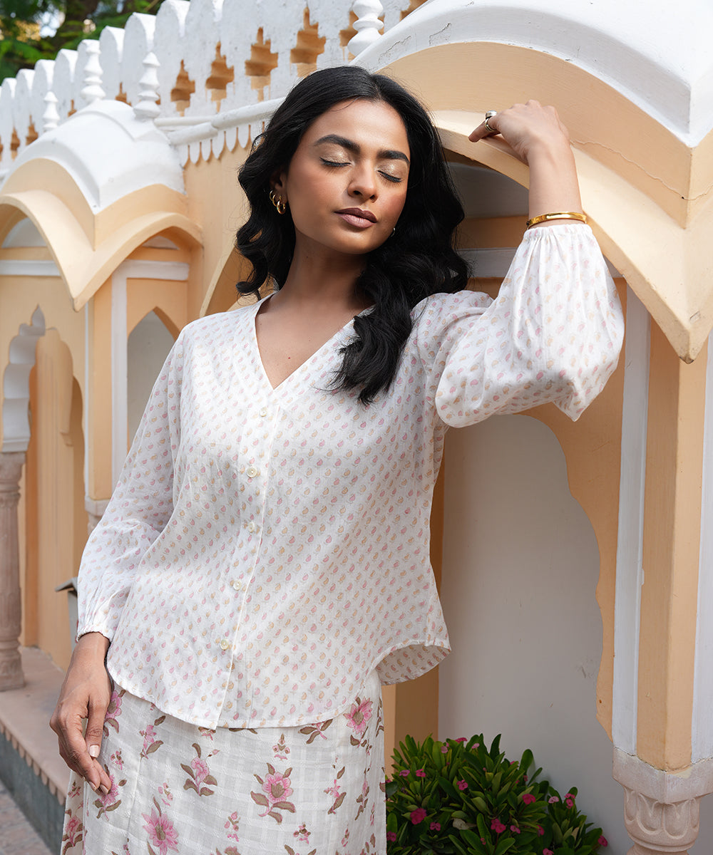 White Block Printed Top with White Skirt