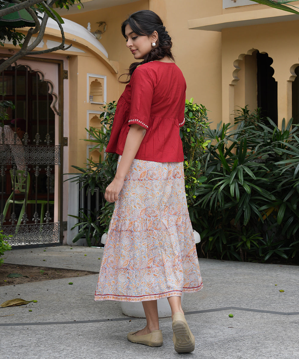 Red Cotton Top and Grey Block Printed Skirt