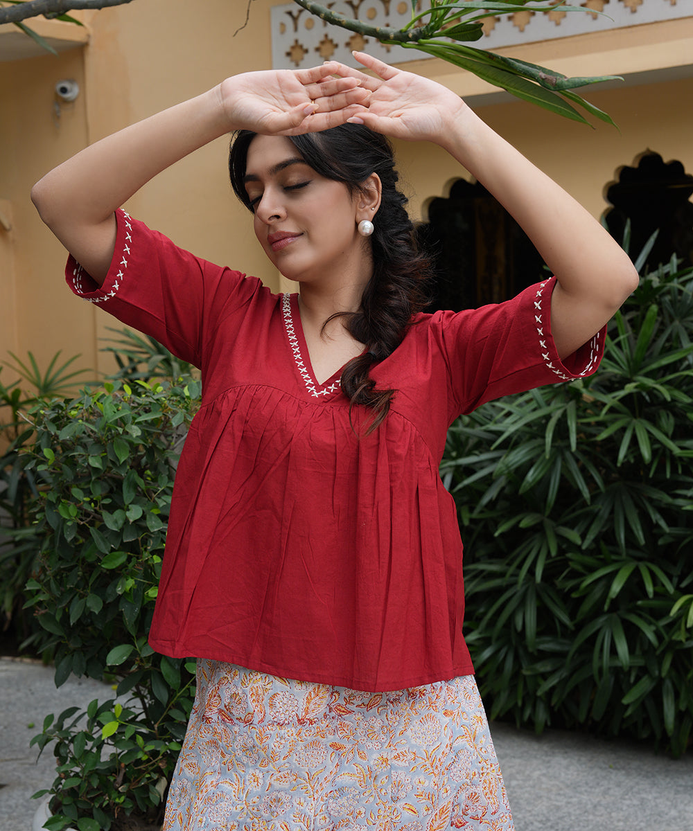 Red Cotton Top and Grey Block Printed Skirt