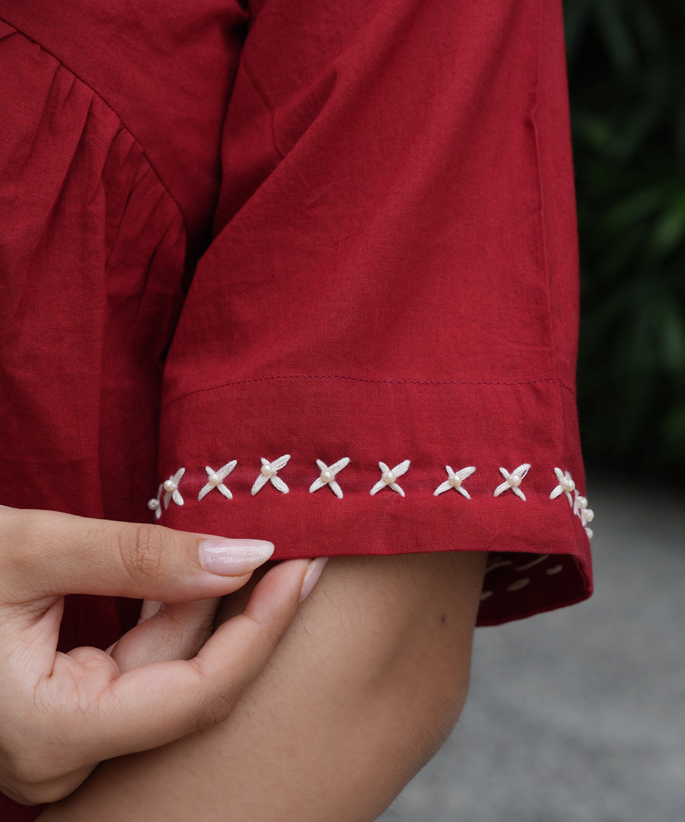 Red Cotton Top and Grey Block Printed Skirt