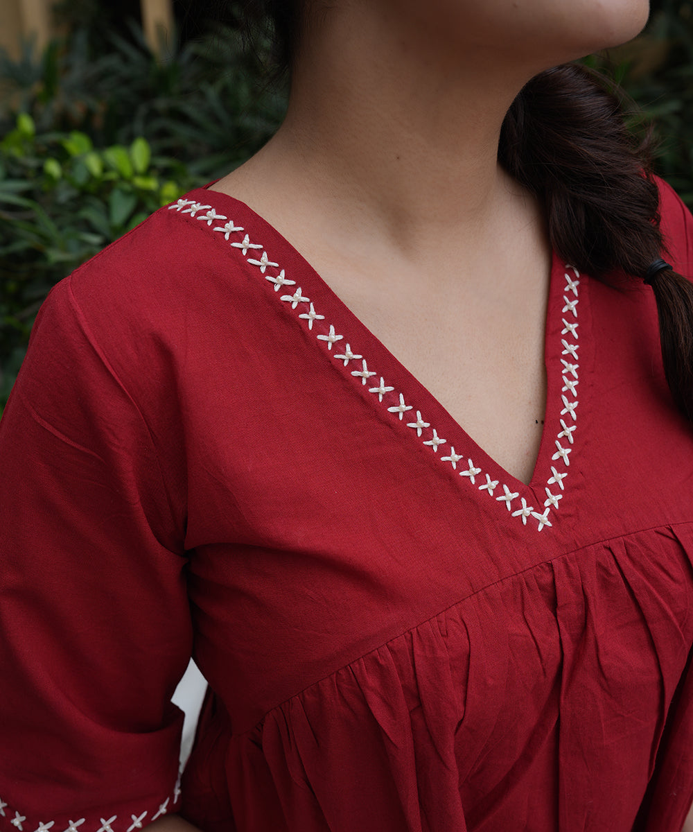 Red Cotton Top and Grey Block Printed Skirt