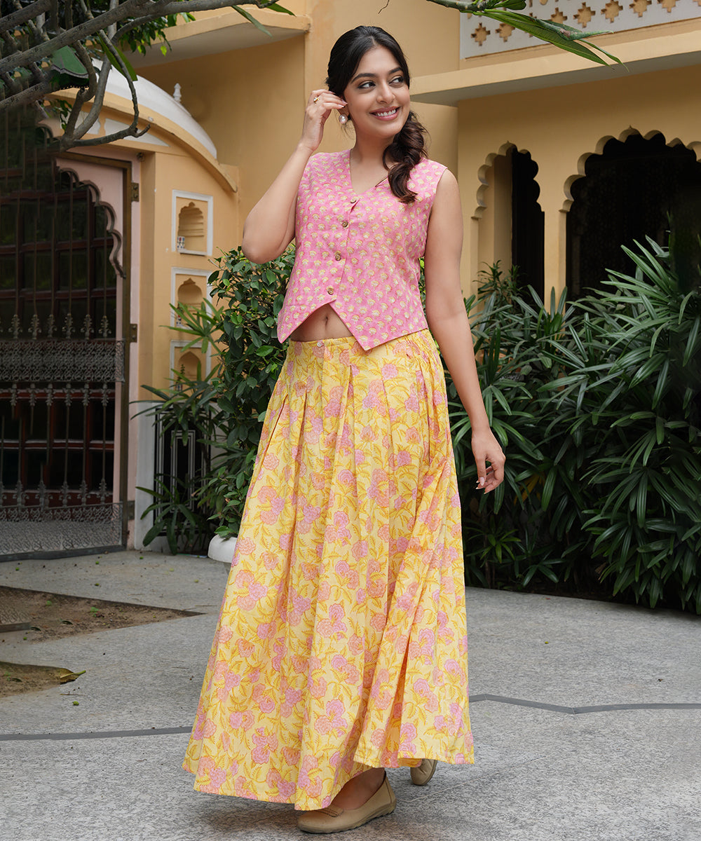 Pink Block Printed Top with Yellow Block Printed Skirt