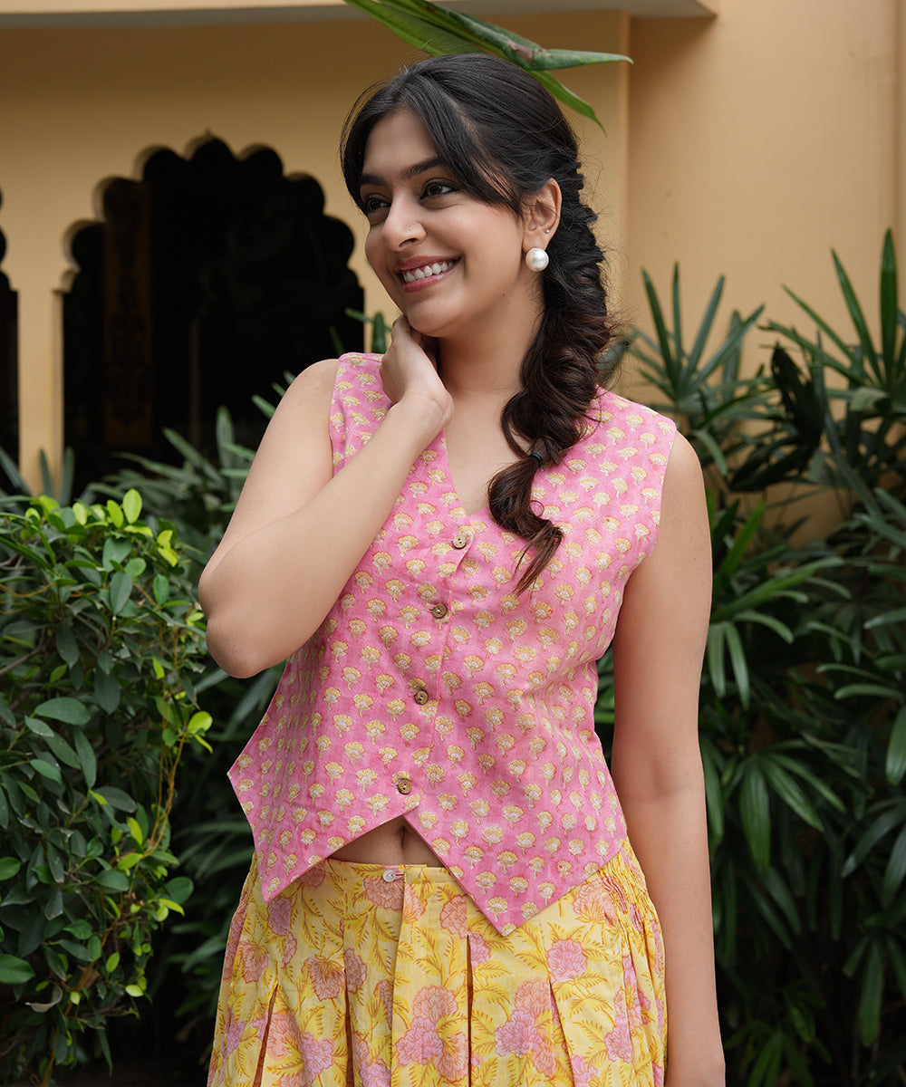 Pink Block Printed Top with Yellow Block Printed Skirt