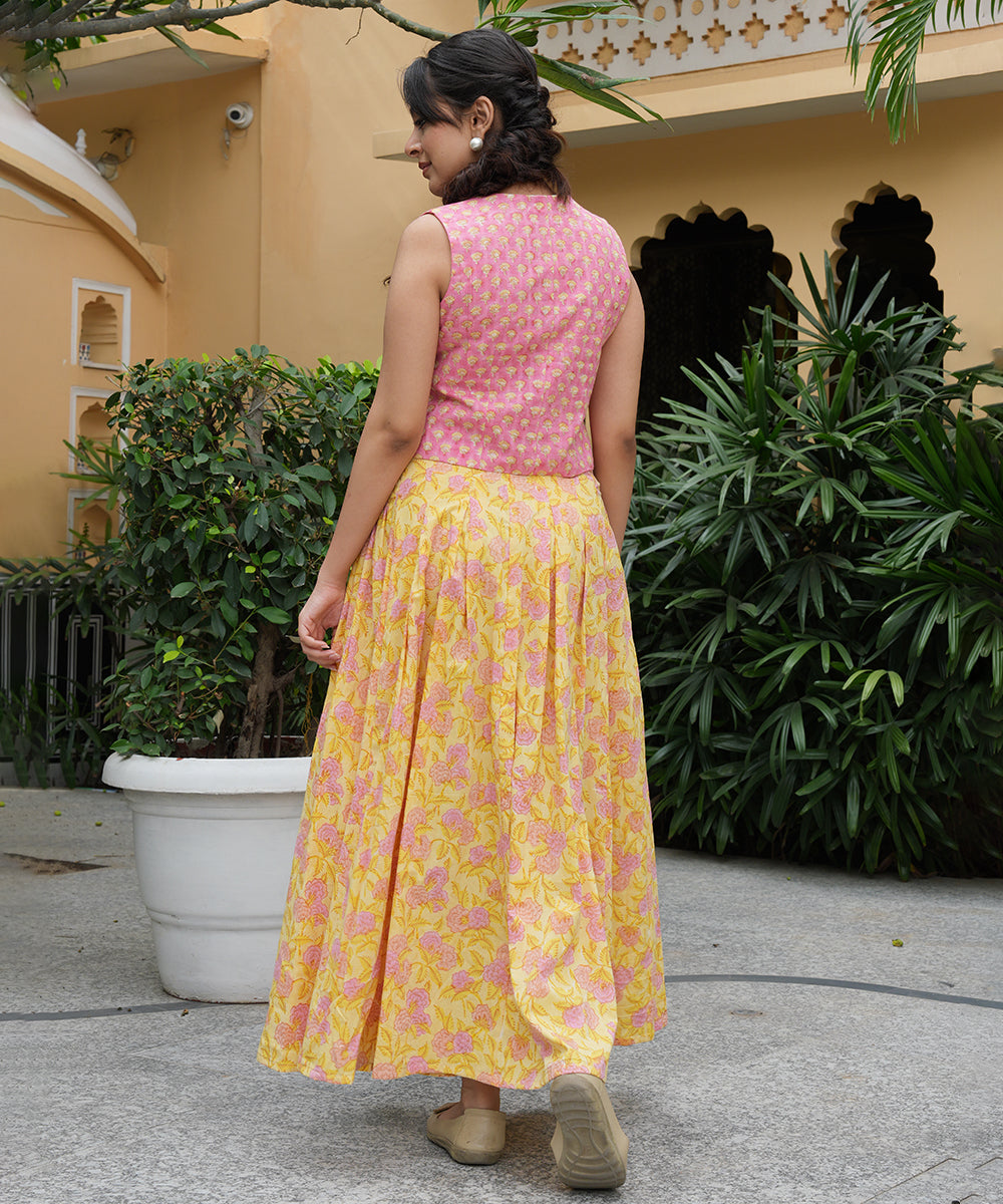 Pink Block Printed Top with Yellow Block Printed Skirt