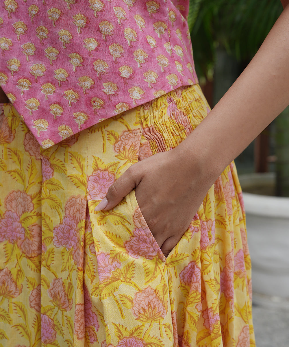 Pink Block Printed Top with Yellow Block Printed Skirt