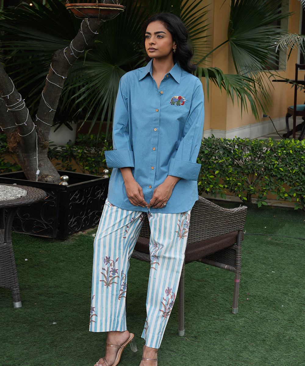 Blue Solid Shirt with Block Printed Poplin Pant