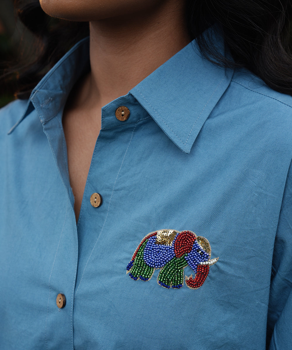 Blue Solid Shirt with Block Printed Poplin Pant