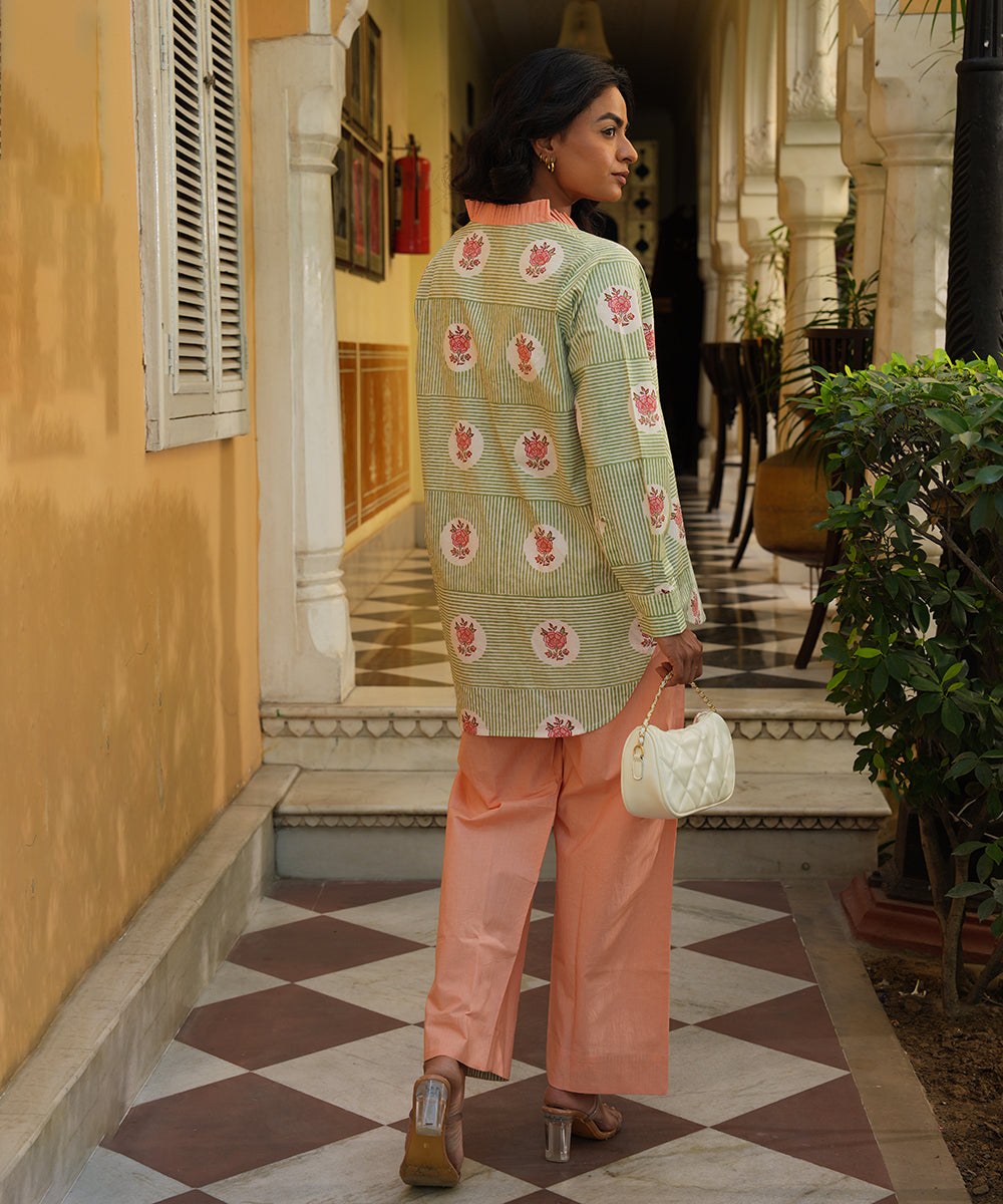 Olive Block Printed Shirt with Peach Solid Poplin Pant Set of 2