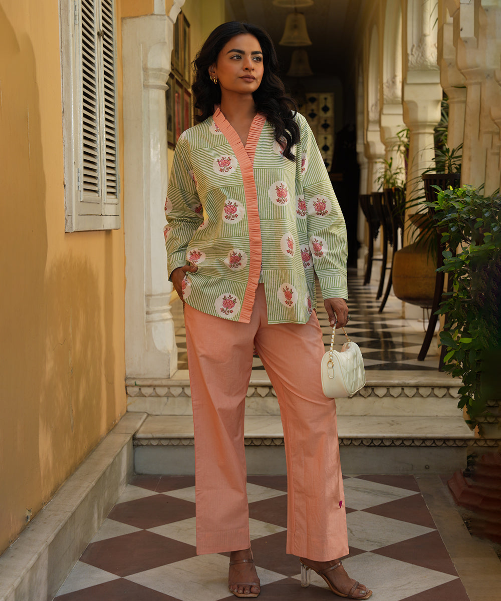 Olive Block Printed Shirt with Peach Solid Poplin Pant Set of 2