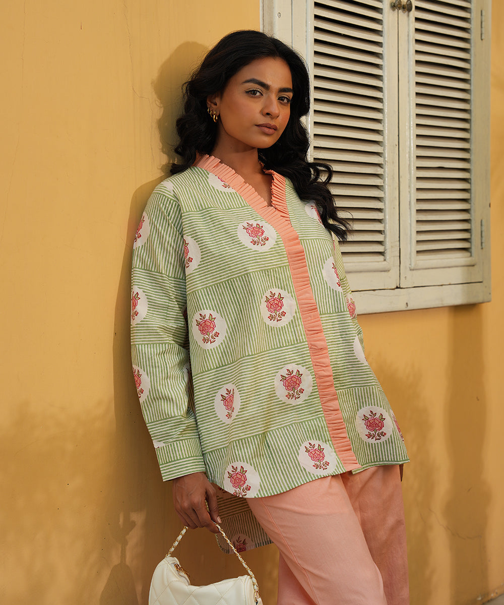 Olive Block Printed Shirt with Peach Solid Poplin Pant Set of 2