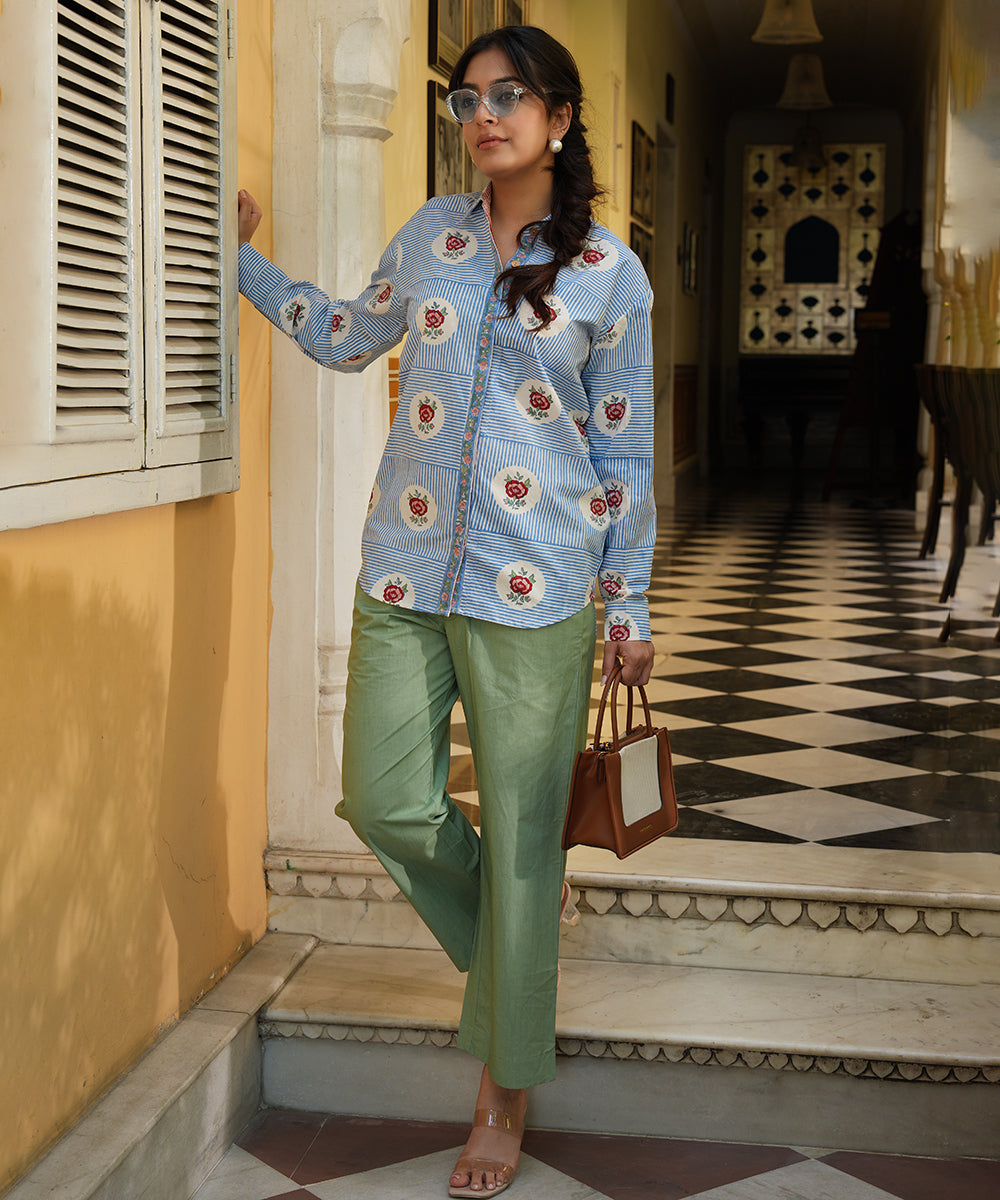 Blue Block Printed Poplin Shirt with Green Solid Poplin Pant