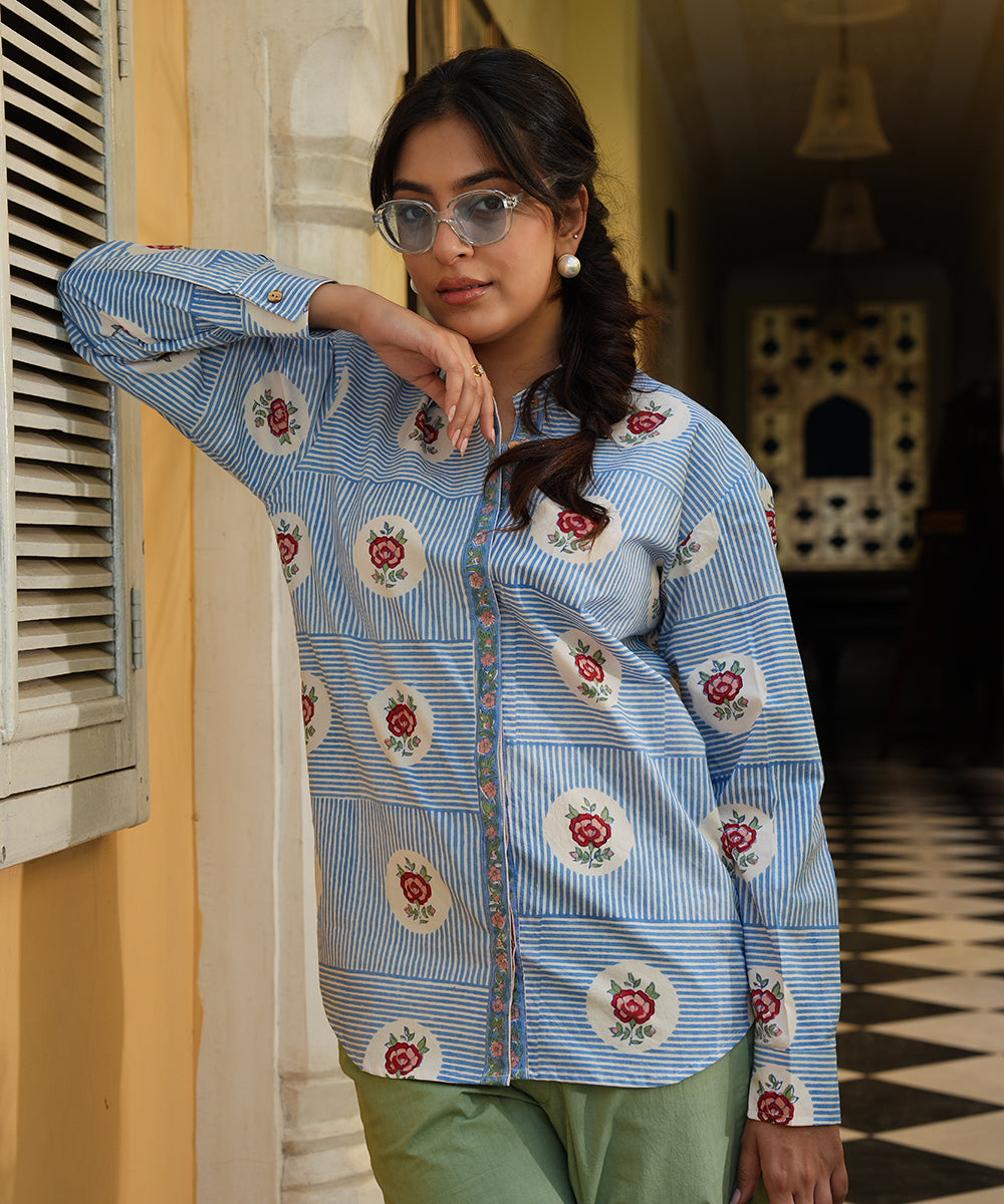 Blue Block Printed Poplin Shirt with Green Solid Poplin Pant