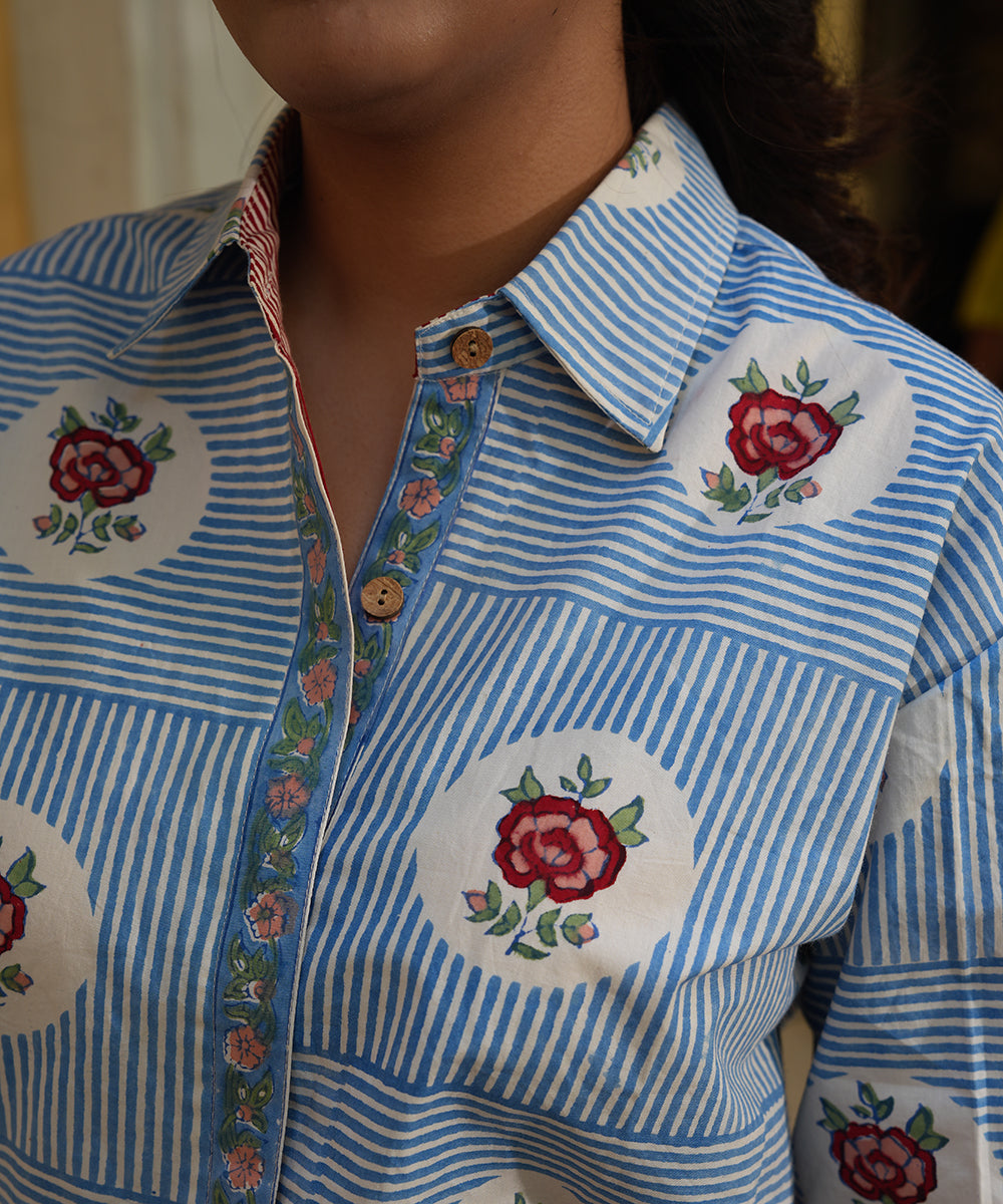 Blue Block Printed Poplin Shirt with Green Solid Poplin Pant