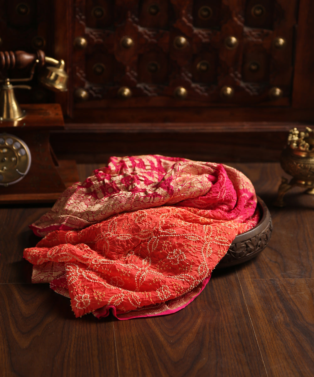 Handloom Magenta And Orange Pure Georgette Banarasi Bandhej Dupatta With Zari Border