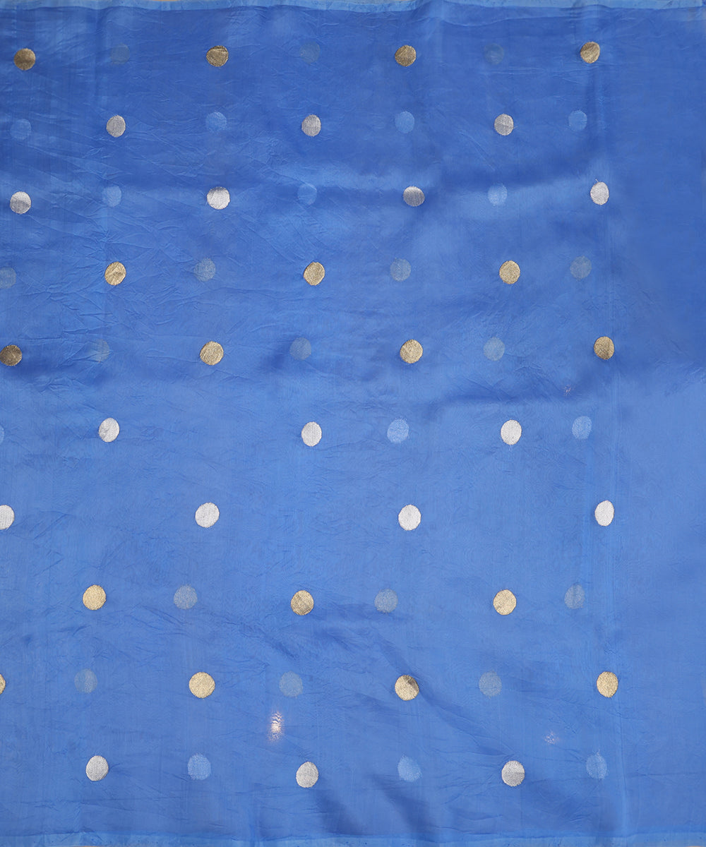 Full view of royal blue handloom organza silk dupatta with alternating circular gold and silver zari Kadhwa bootis.