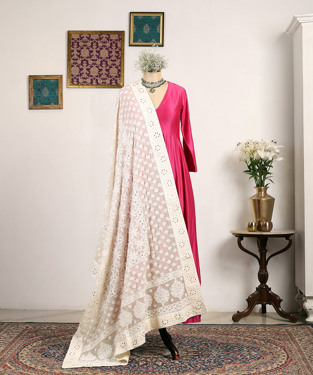 Cream_Handloom_Heavy_Floral_Motif_Chikankari_Dupatta_With_Mukaish_WeaverStory_01