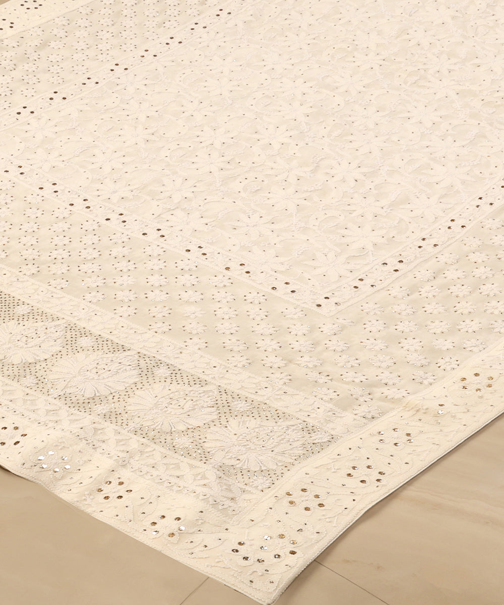 Cream_Handloom_Heavy_Floral_Motif_Chikankari_Dupatta_With_Mukaish_WeaverStory_03