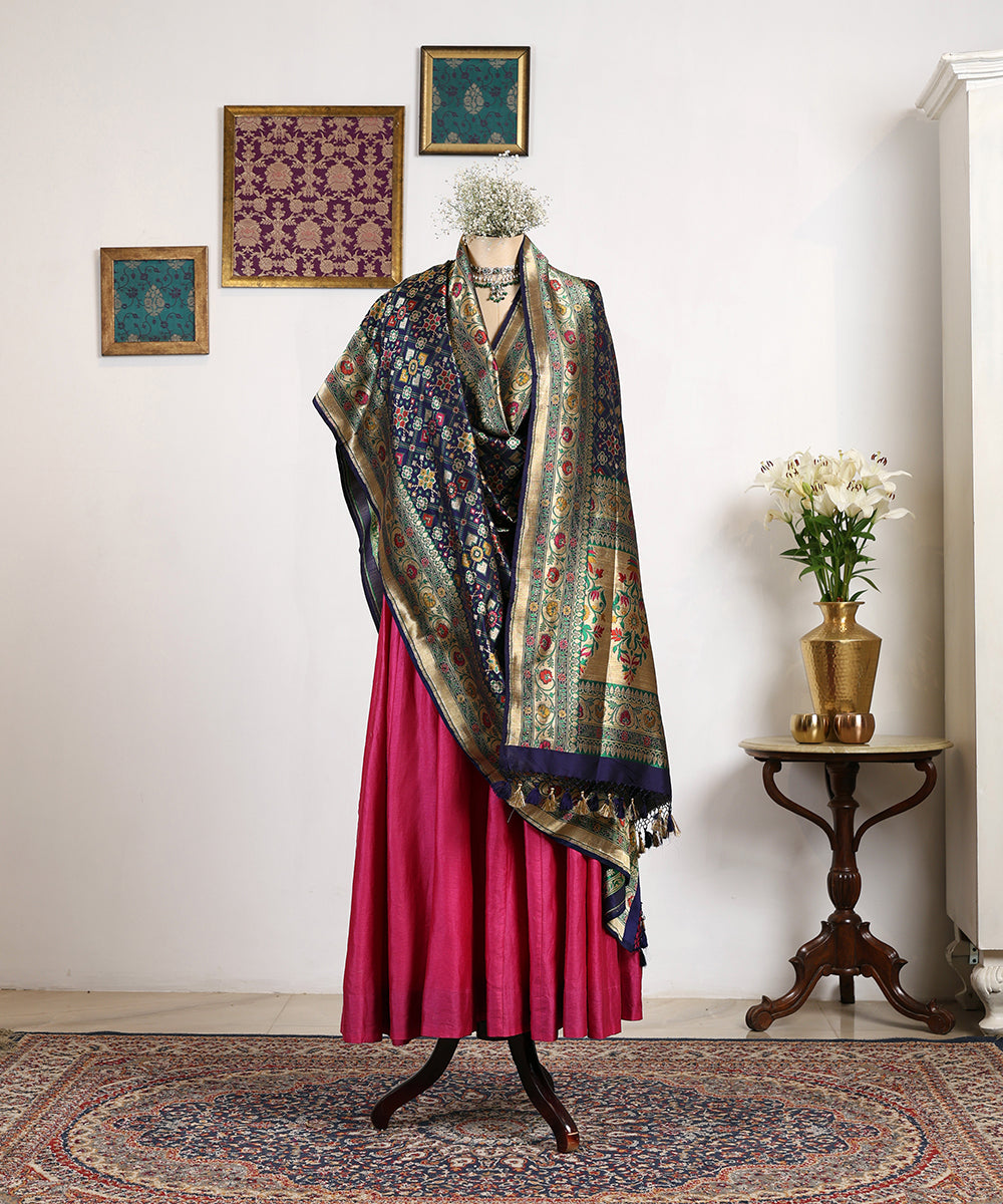 Navy_Blue_Handloom_Meenakari_Banarasi_Patola_Dupatta_With_Floral_Border_WeaverStory_01