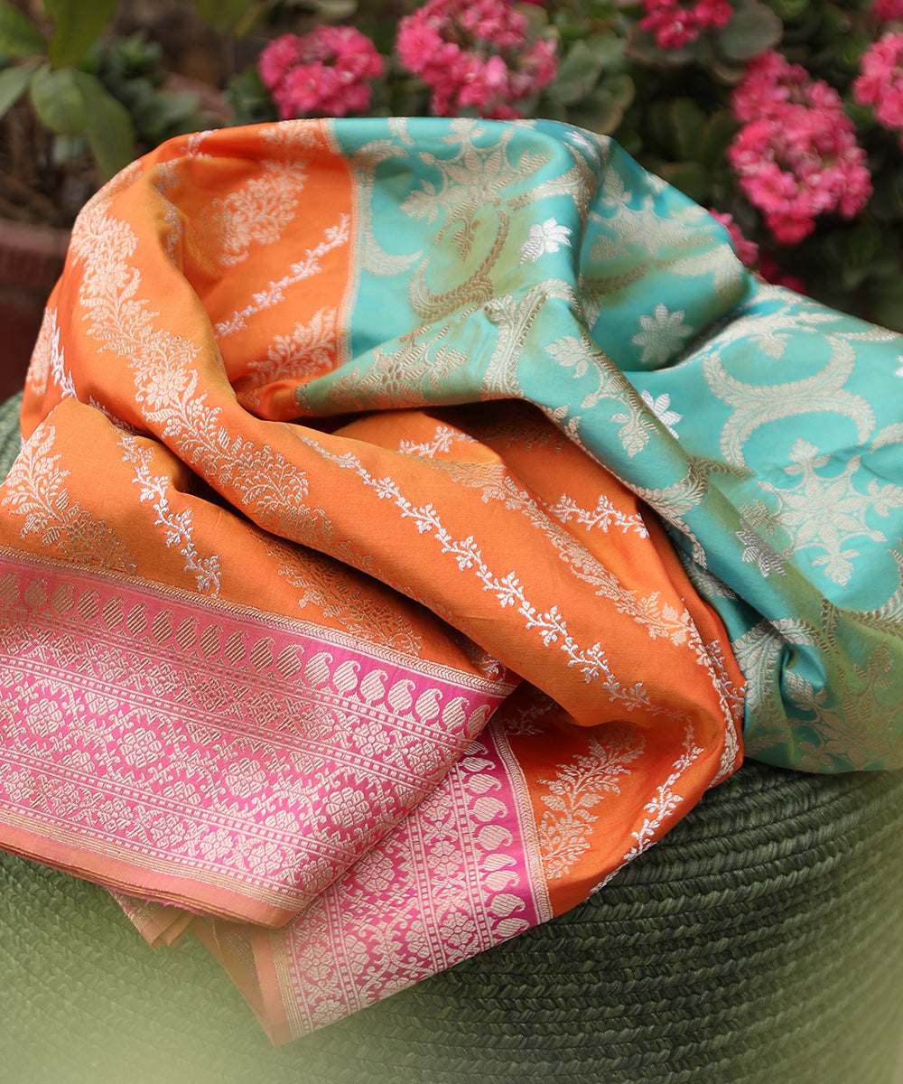 Green_And_Orange_Handloom_Pure_Katan_Silk_Rangkaat_Banarasi_Dupatta_With_Kadhwa_Weave_WeaverStory_01