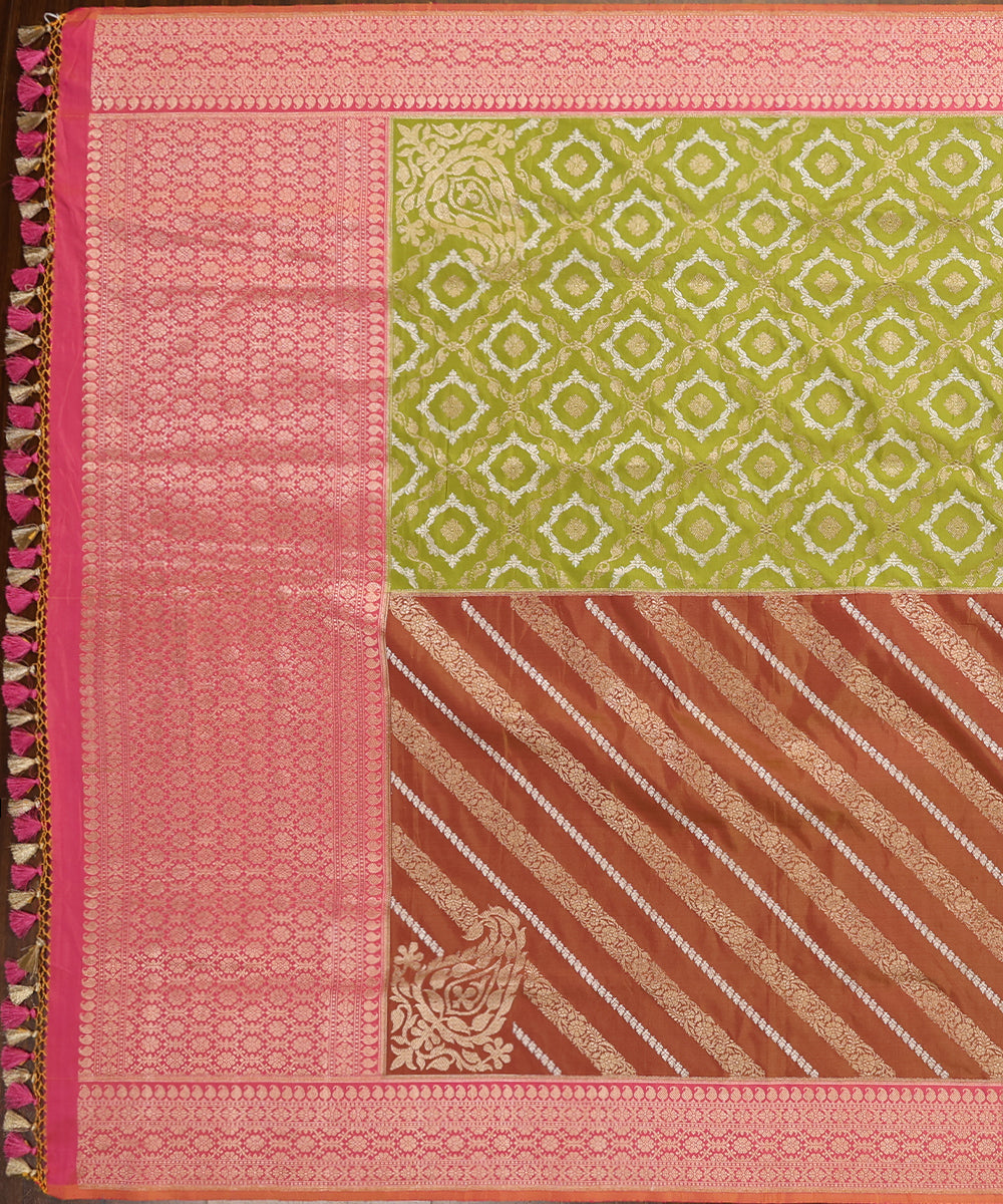Green_And_Orange_Handloom_Pure_Katan_Silk_Rangkaat_Banarasi_Dupatta_With_Kadhwa_Weave_WeaverStory_02
