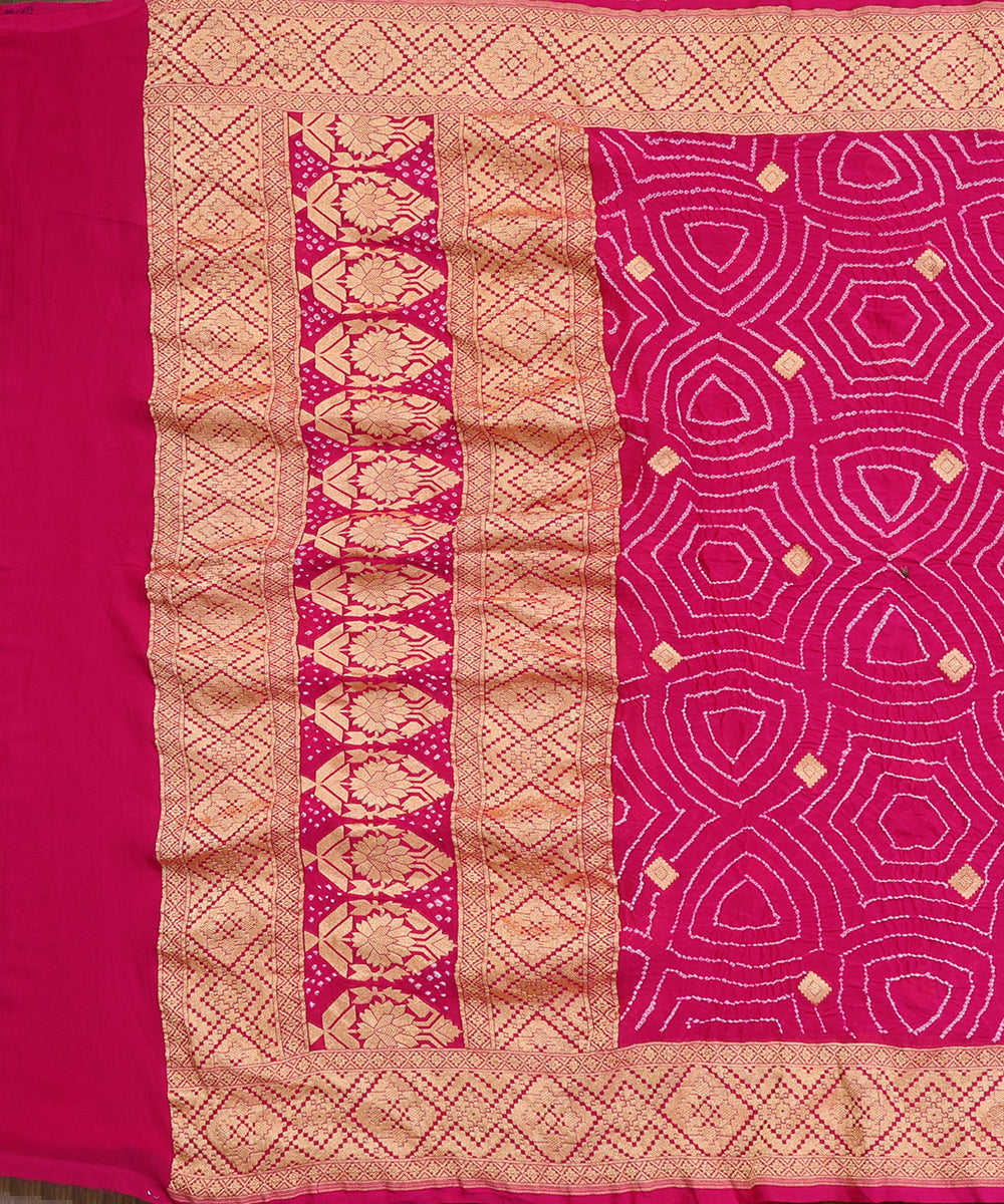 Hot_Pink_Handloom_Pure_Georgette_Banarasi_Bandhej_Dupatta_With_Square_Boota_WeaverStory_02