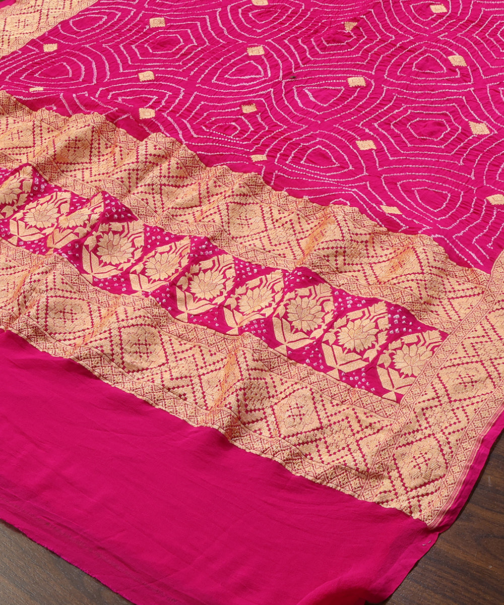 Hot_Pink_Handloom_Pure_Georgette_Banarasi_Bandhej_Dupatta_With_Square_Boota_WeaverStory_03
