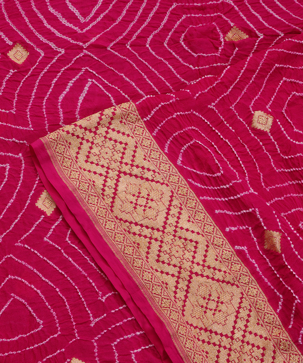 Hot_Pink_Handloom_Pure_Georgette_Banarasi_Bandhej_Dupatta_With_Square_Boota_WeaverStory_04